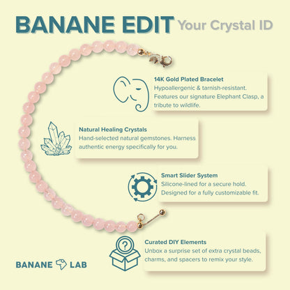 BANANE LAB Rose Quartz Bracelet | DIY Customizable Design | Natural Madagascar 6mm Pink Crystal Beads on 14k Gold Plated Chain | Adjustable Gemstone Heart Chakra Love & Healing Jewelry Gift for Women