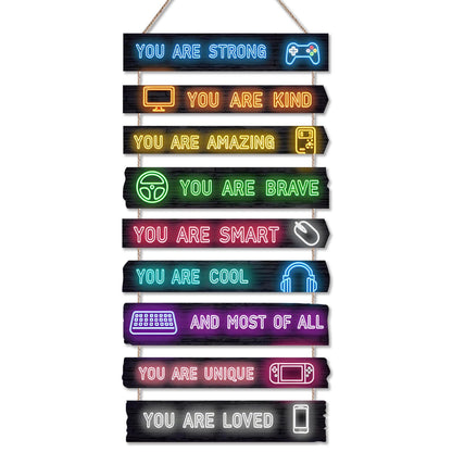 Game Room Decor for Boys, 9-Piece Gaming Wall Art with Inspirational Quotes, Gamer Themed Wooden Signs for Kids Bedroom, Video Game Playroom & Boys Room Wall Decor