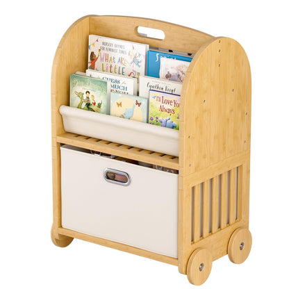 EZ2LIVE 2-Sided, 3-Tier Bamboo Kids Bookshelf, Montessori Shelf with Safe Wheels and Large Storage Drawer, Toddler Bookcase Nursery Book Shelves and Toy Storage for Baby Rooms Playroom Kindergarten