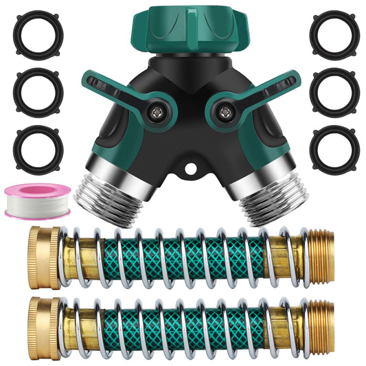 Garden Hose Splitter 2 Way, 3/4" Y Water Hose Splitter with Comfort Rubber Long Handle, Faucet Splitter, Heavy Duty Metal Connector with 2 Kink Free Faucet Extension Hose Protector