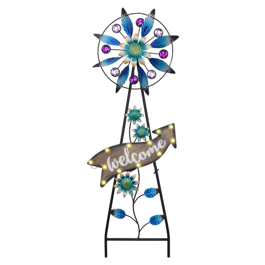 TERESA'S COLLECTIONS Peacock Garden Decor Solar Stake, Wind Spinner for Outdoor Decorations, Metal Windmill Blue Floral Yard Art Sign Decorative Garden Stake for Lawn Ornaments, Gifts for Mom, 26''