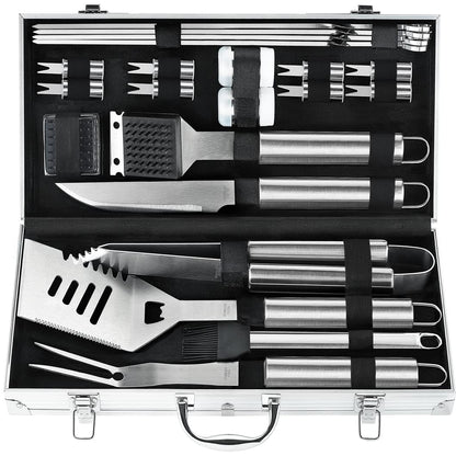 POLIGO 22PCS Heavy Duty BBQ Grill Accessories Set, Non-Slip Grill Tools for Outdoor Grill Set Stainless Steel Grill Utensils Set, Deluxe Grilling Tools Set in Aluminum Case Ideal Gifts for Men Silver
