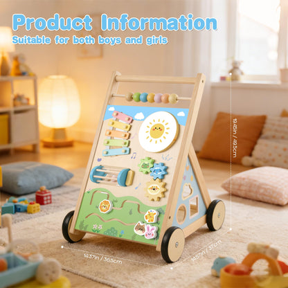 Ranqibo Wooden Baby Walker, Baby Walker with Wheels, Includes Montessori Sensory Toys and Activity Center, 6-18 Months for Boys and Girls