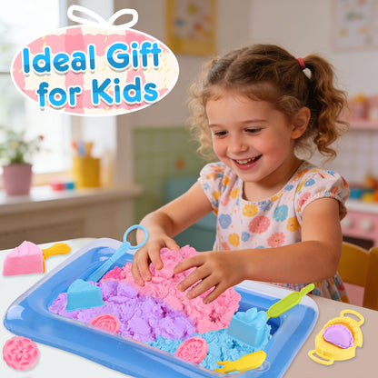 Crelloci Cake Play Sand Toys, Sensory Bin with 3 Colors Sand, Inflatable Sandbox & Air Pump, 12 Cake & 5 Shaped Molds, Tools, Art Kit Gift for Kids Toddlers Girls Boys Ages 3 4 5 6 7 8 9 Years Old