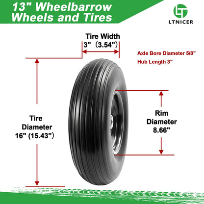 LTNICER 4.00-6 Flat-free Solid Tire and Wheel, 13" Wheelbarrow Wheels and Tires with 5/8" or 3/4" Bearings, 1.75" Centered Hub for Wheelbarrow/Wagon/Trolley/Garden Scooter Cart(2 PCS)