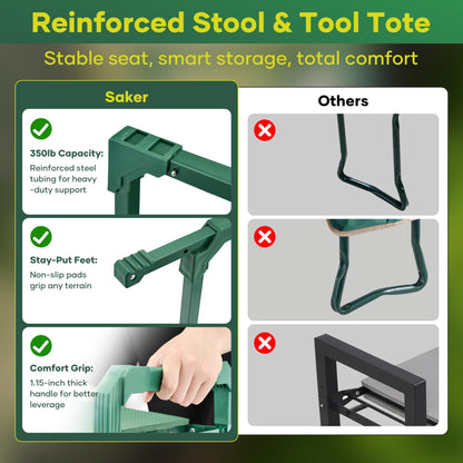 Saker Garden Kneeler and Seat Foldable Gardening Stool with Extendable Legs & Thickened Pad, Tool/Storage Bag, Heavy Duty 500lbs Support for Elderly, Gardening, Outdoor Use