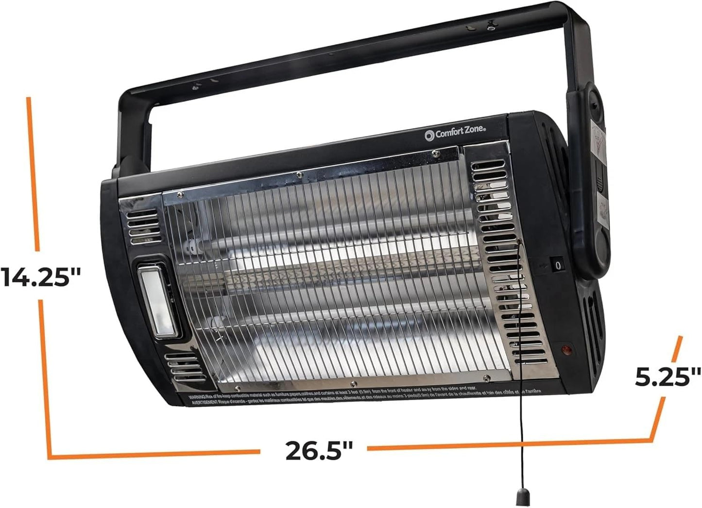Comfort Zone 1500W Ceiling Mounted Dual Quartz Radiant Heater – Infrared Workshop Heater with 90° Adjustable Tilt, Built-in Halogen Light & Pull String Control – Overheat Protection, Black