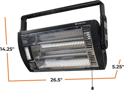 Comfort Zone 1500W Ceiling Mounted Dual Quartz Radiant Heater – Infrared Workshop Heater with 90° Adjustable Tilt, Built-in Halogen Light & Pull String Control – Overheat Protection, Black