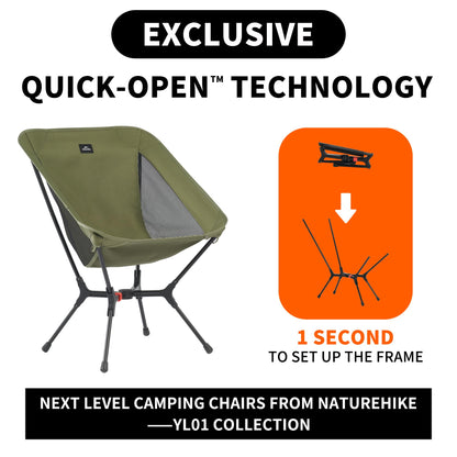 Naturehike YL01 Snap Camping Chair, 1 Second Setup Frame, 441lb Capacity Camp Chair, Portable & Lightweight Backpacking Chair