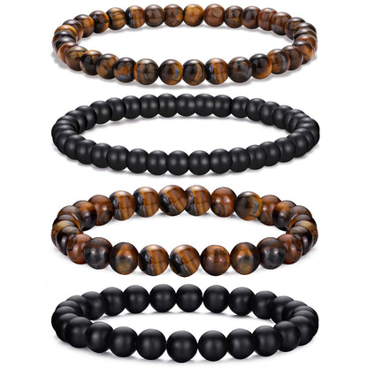 LOWNOUR Mens Bead Bracelet Adjustable Elastic Rope With 6&8MM Natural Stone Tiger Eye Bracelets for Men Gift 4pcs (Beaded Bracelets)