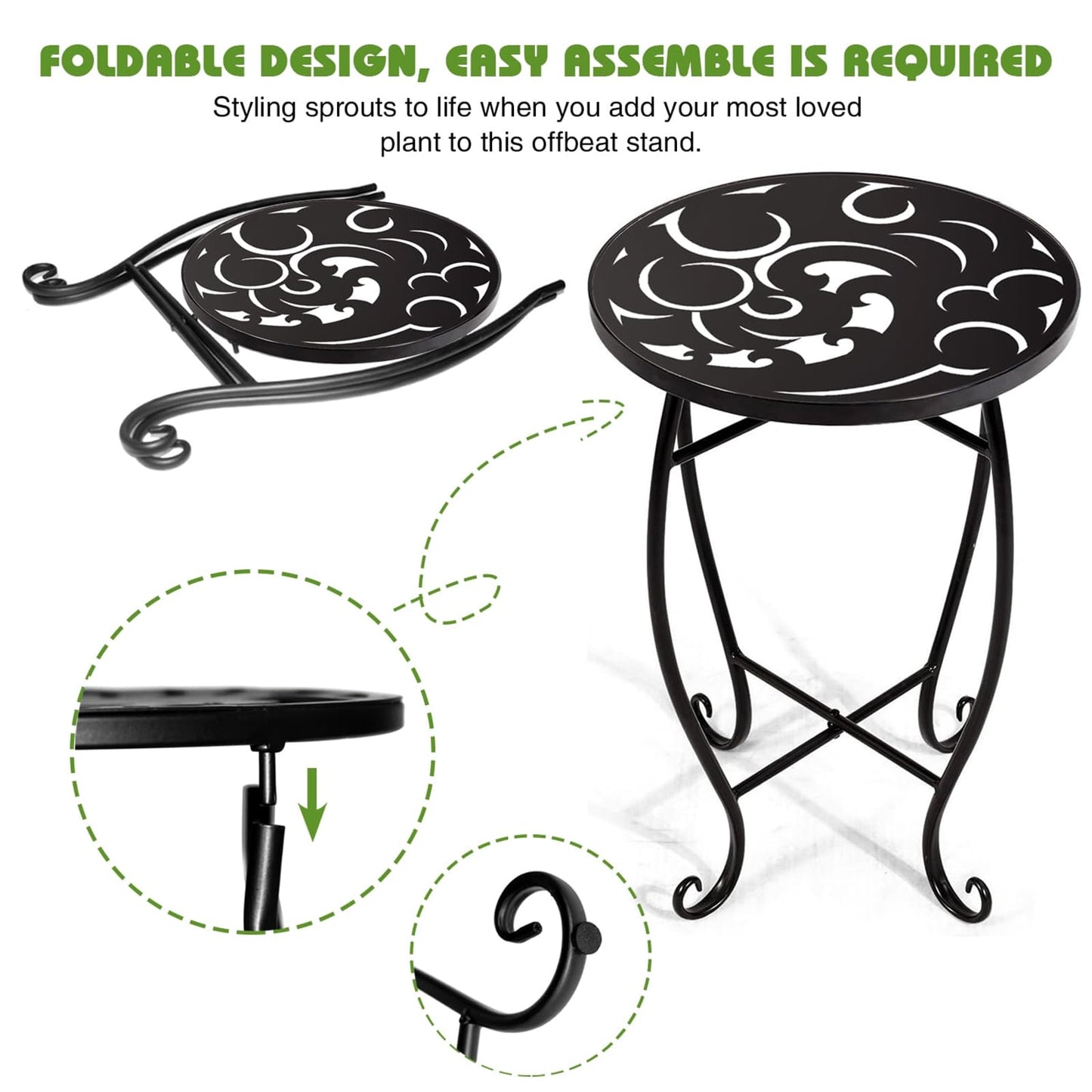 Kaesithar 2 Pack 15 Inch Tall Plant Stands Outdoor Indoor, Metal Side Tables for Patio, Weather Resistant Flower Pot Racks with Swirl Pattern, Black End Table Set for Garden Balcony