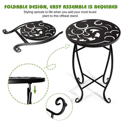Kaesithar 2 Pack 15 Inch Tall Plant Stands Outdoor Indoor, Metal Side Tables for Patio, Weather Resistant Flower Pot Racks with Swirl Pattern, Black End Table Set for Garden Balcony