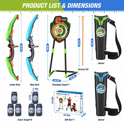 HYES 2 Pack Bow and Arrow for Kids, LED Light Up Archery Set with 24 Suction Cup Arrows, 1 Standing Target, 6 Score Targets & 2 Quiver, Indoor Outdoor Sport Gifts for Boys Girls Ages 4-8