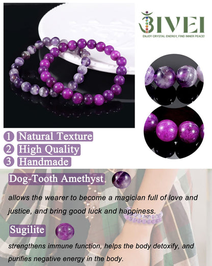 Bivei Natural Gemstone Semi Precious Crystals Handmade Stretchy Round Beads Bracelet, Enhance Positive Energy,Stocking Stuffers for Women(Dog-Tooth Amethyst & Sugilite (Love & Happiness) Large)