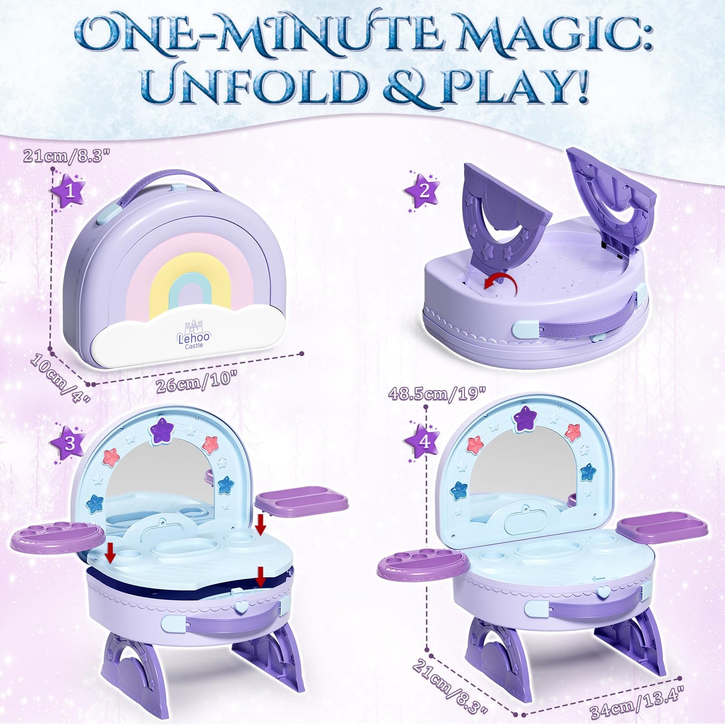 Lehoo Castle Toddler Vanity with Makeup Set, Portable Makeup Vanity for Girls with Lights Music Electric Hairdryer, Pretend Play Princess Toys for Dress Up, Birthday Gifts for 3 4 5 Years Old Girls