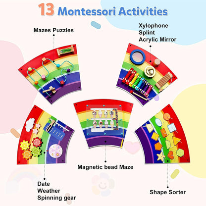 Sinpedex Rainbow Wall Busy Board for Kids: Wooden Montessori Activity Panel | 13-in-1 Sensory Learning Toys for Fine Motor Skills - Playroom & Nursery Essentials for Toddlers