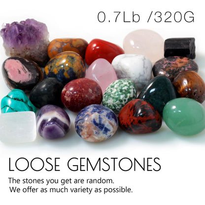 0.7Lb Natural Polished Gemstones and Rocks (25+PCs), Amethyst Cluster, Selenite & Tourmaline Included, Bulk Tumbled Crystals and Stone (0.6-1.2“ 320g)