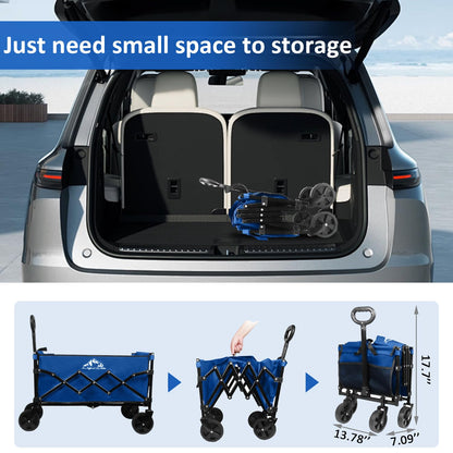 VOYSIGN Collapsible Wagon Folding Utility Cart, Beach Wagon 352LBS Heavy-Duty with Adjustable Handles, 5" Quiet Swivel Wheels, Lightweight (11lbs) for Groceries, Camping, Moving, Blue