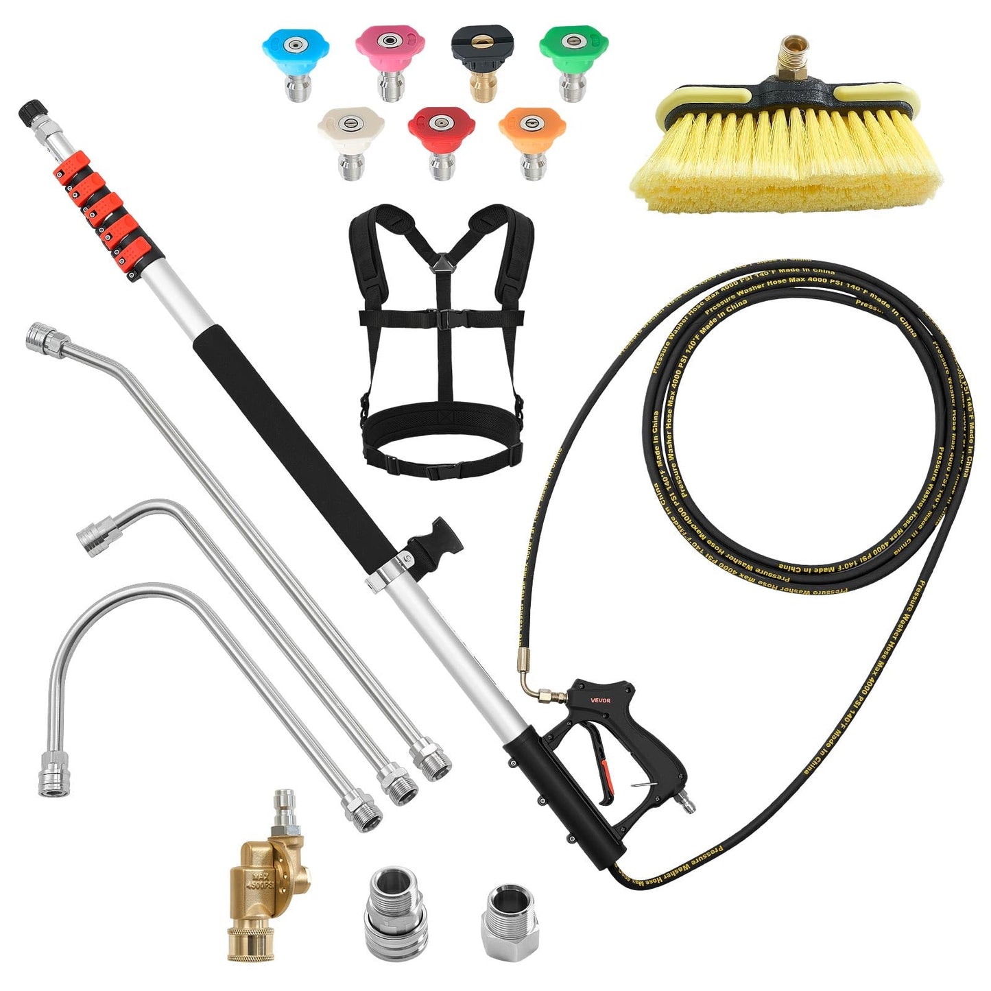 VEVOR 25 FT Pressure Washer Telescoping Wand, with Power Washer Extension Wands & High Pressure Hose, Brush Head, 7 Nozzles, Hose Adapter, Upgrade Support Belt, Storage Bag, 4000 PSI for High Cleaning