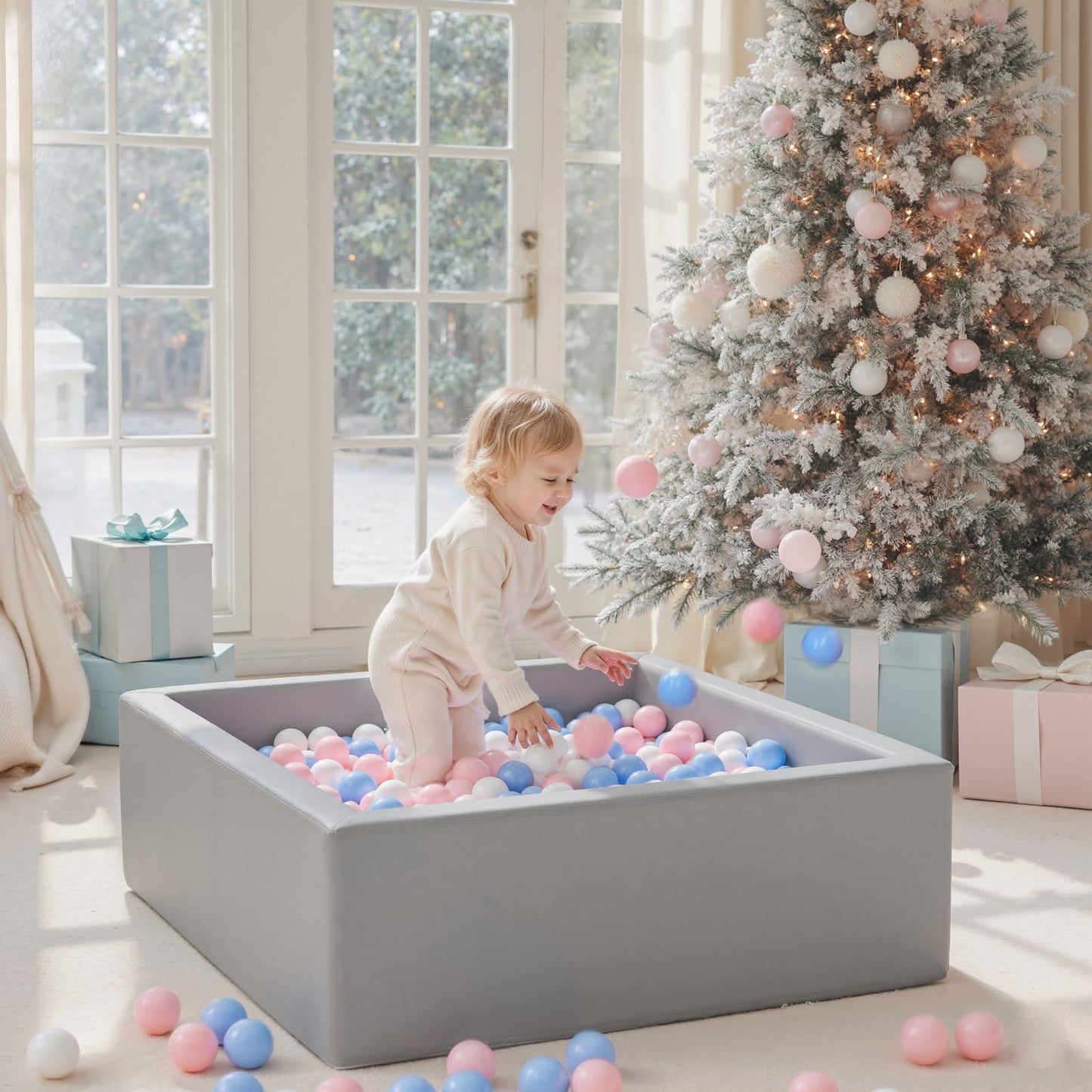 Leather Foam Ball Pit for Toddlers: Waterproof Baby Ball Pit with Soft Memory Foam - Large Soft-Play Set for Baby Playpen Indoor Outdoor Games - Ideal Gifts Toys for Boys Girls (Rectangle)