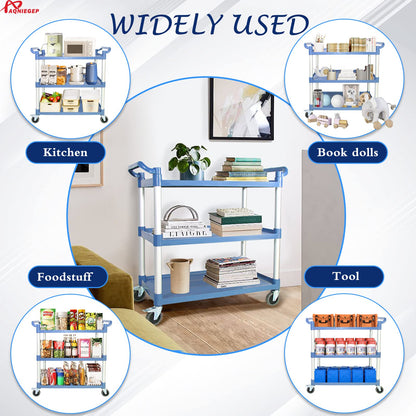 AQNIEGEP Utility Carts with Wheels, Large Food Kitchen Cart Heavy Duty, Rolling Service Cart w/Hammer for Restaurant, Office, Commercial, 600lbs Capacity, Lockable Wheels, 3-Tier