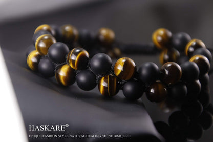 HASKARE Tiger Eye Stone Bracelet Men Women - Natural Energy Stone Essential Oil Lava Rock Black Onyx Tiger Eye Beads Bracelet Adjustable
