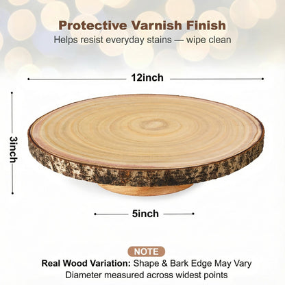 Relaxing Garden Customizable 12 Inch Rustic Wood Cake Stand Set with Bark Edge, Cake Knife & Server + Blank Wood Slice Topper — Cake Display for Weddings, Birthdays, Showers & Holiday Celebrations