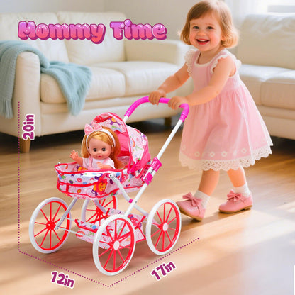 CUTE STONE Baby Doll Playset with Stroller for Girls – Pretend Play Baby Care Toy with High Chair, Clothes & Accessories