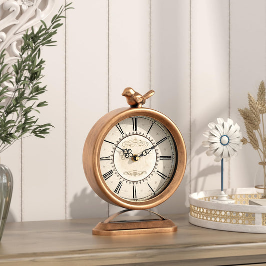 ChimeTide Vintage Table Clock with Bird, European Antique Style Gold Mantel Clocks, Desk and Shelf Decor Clock, for Farmhouse, Bedside, Living Room, Bedroom, Gift (9" H x 6.5" W)