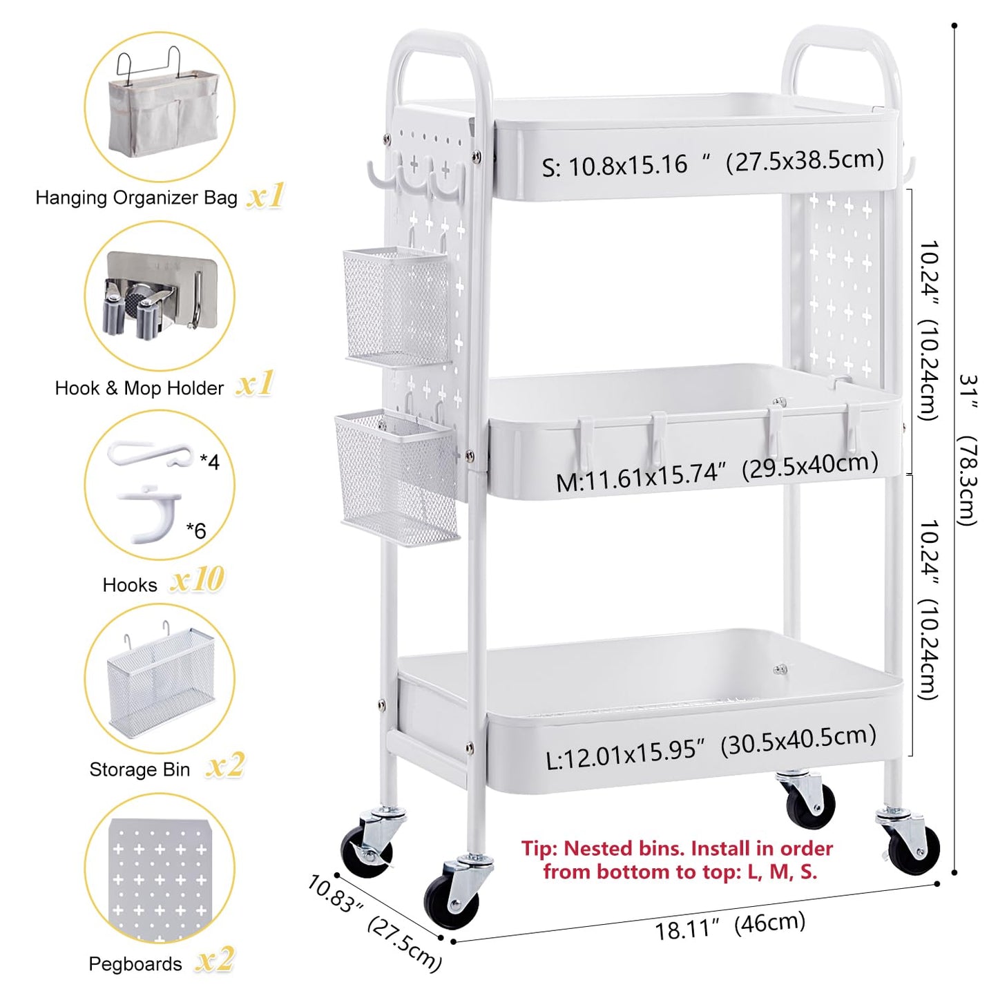 YanKiTour 3 Tier Rolling Cart with DIY Pegboards & Mop Holder, Metal Utility Cart with Wheels, Hooks and Bins, Storage Organizer for Bathroom, Laundry, Kitchen, Office, Craft Room (White)