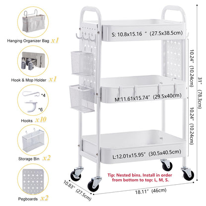 YanKiTour 3 Tier Rolling Cart with DIY Pegboards & Mop Holder, Metal Utility Cart with Wheels, Hooks and Bins, Storage Organizer for Bathroom, Laundry, Kitchen, Office, Craft Room (White)
