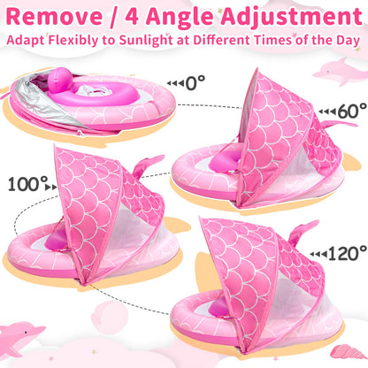 Baby Float with Canopy for Age 6-36 Months, UPF50+ Sun Protection 4 Stage Adjustable Canopy Dual Air Chambers Adjustable Safety Seat Inflatable Swim Pool Float for Baby Toddler