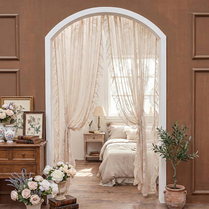 LOHUT Beige Lace Curtains for Bedroom 2 Panels Set Cute Vintage Curtains Sheer Floral Embroidery,52W*63L