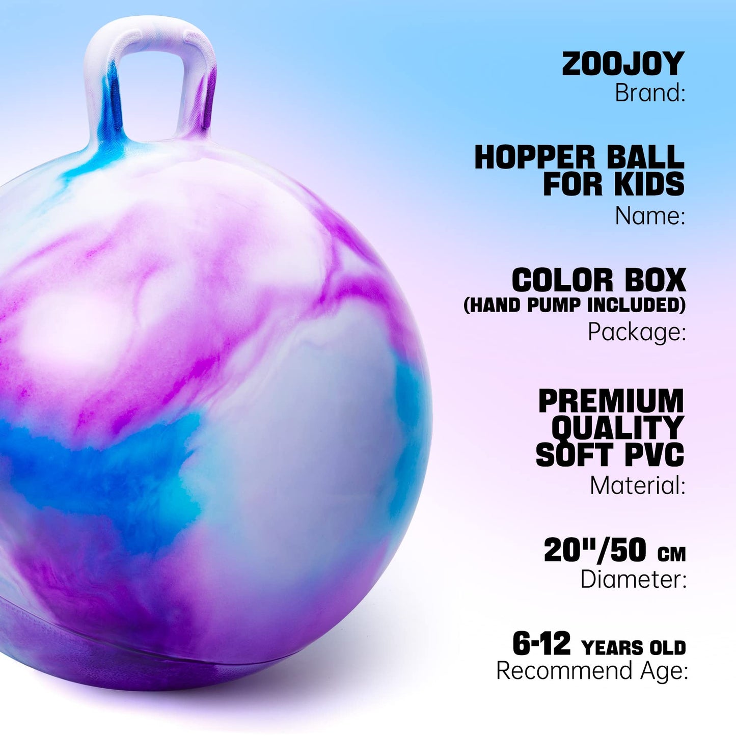 ZOOJOY Hopper Ball, Hopping Toys for Kids, 20 inch Bouncy Ball with Handle for Boys Girls Aged 5-12, Inflatable Clouds Bounce Hopper Toy with Pump