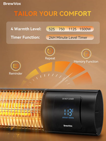 BrewVox Carbon Infrared Electric Outdoor Patio Heater with Thermostats, Smart App-Controlled with Remote On/Off & Timer for Living Room, Bedroom, Garage, Office