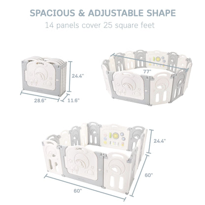 Fortella Cloud Castle Foldable Playpen, Baby Safety Play Yard with Writing Whiteboard and Activity Wall, Pack and Play for Toddlers 1-3, Indoors or Outdoors (Gray, 14 Panel)