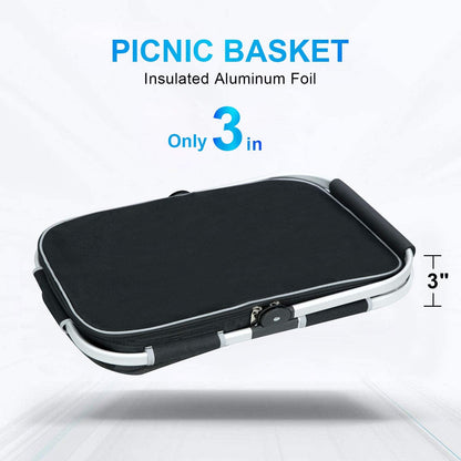 LIQING 35L Large Picnic Basket 2 Layers of Internal Pockets Leak-Proof and Insulated ，Folding with Internal Support for enhansed Stability, Wedding Gifts for Couple(Black)