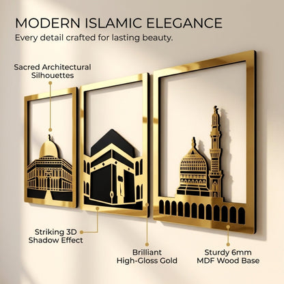 iwa concept Masjid Al Aqsa, Kaaba & Masjid An-Nabawi Islamic Wall Art, Wooden Blessed Places Islamic Wall Decor, Gift for Muslims at Ramadan Eid (Small, Gold | All Three)