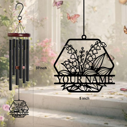 WindWink Personalized Customize Name Lily of The Valley Wind Chime, Metal Iron 37 Inch Outdoor Memorial Gift for Garden Yard Patio Home Florist Decor, Black,Mom Gift (Style G)