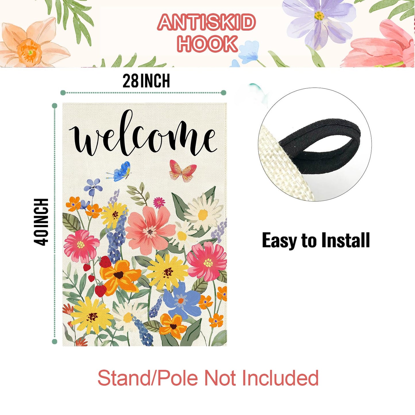 Baccessor Spring Summer Welcome House Flag Double Sided 28x40 Inch Burlap,Floral Butterflies Large Garden Flag Porch Patio Front Entry Yard Seasonal Farmhouse Outside Outdoor Decor