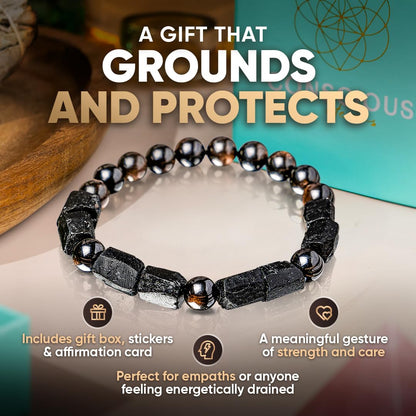 Conscious Items - Spiritual Protection Bracelet - Golden Obsidian & Black Tourmaline Bracelet - Grounding Beaded Bracelets for Men & Women, 6.7 in