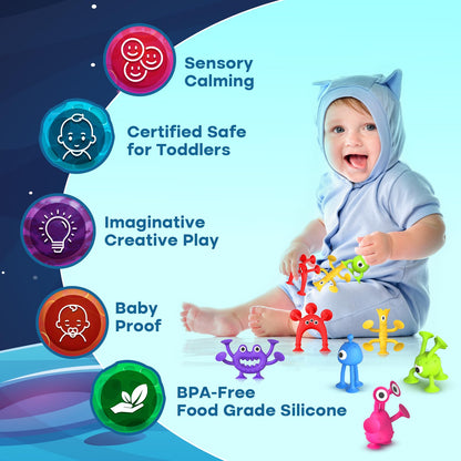 Suction Toy Toddler Bath Toys: No Hole Bath Toy for Boys Girls - 18PCS Sensory Fidget Toys for Kids - Window Building Toy Gooide Bag Stuffers - Travel Essentials Road Trip Activities for Kids Gifts