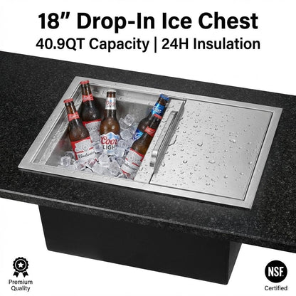 Garvee 18" Drop in Ice Chest 40.9QT Built-in Cooler, Stainless Steel Outdoor Kitchen Ice Bin with Sliding Lid & Drain, Insulated Bar Ice Storage for Patio, BBQ, Home Bar Beverage Station