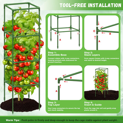 Riare 4 Pack Square Tomato Cages for Garden Plant Support- Up to 60 Inch Tomato Cage Garden Stakes Tomato Trellis for Potted Plants Raised Garden Bed Climbing Vegetables Flowers Outdoor Indoor