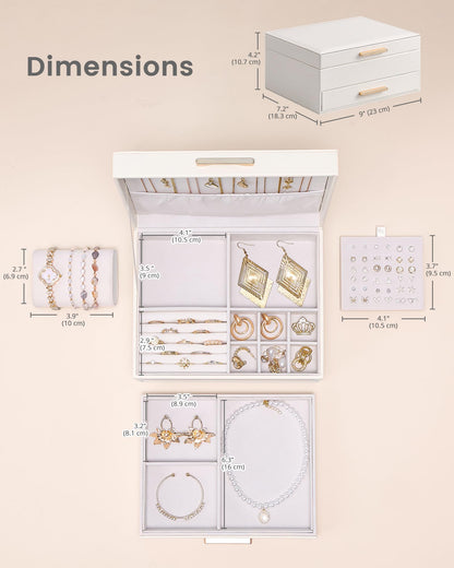 Lolalet 2-Layer Jewelry Box Organizer for Women Girls, Jewelry Storage Case Holder with Drawers for Necklaces Ring Earrings Bracelet Watch, Gifts for Galentines Valentines Girlfriend Wife -Beige