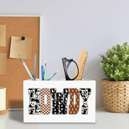 METNBASYY Rustic Western Pen Holder for Desk, Howdy Cowboy Pencil Organizer, Retro Cow Print Checkered Cactus Country Cowboy Western Wooden Box Sign Desk Decor for Home Office Decoration