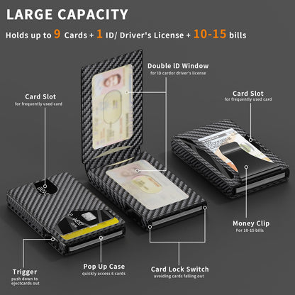 KISUEDZP Wallet for Men Aluminum RFID Blocking -Metal Smart Pop-Up Credit Card Holder with 2 ID Windows, Holds 8-10 Cards,Bifold Security Front Pocket Wallet & Money Clip,Men's accessories(Carbon)
