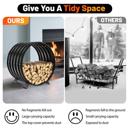 VAMFUTRE Round Metal Sheet Firewood Rack Indoor by Fireplace/Outdoor Beside Fire Pit-with Metal Legs,Rustproof,Durable & Stylish Firewood Holder (Circle, 24 Inches Diameter)