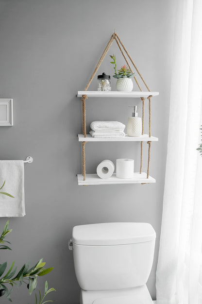Mkono Hanging Shelves 3 Tier White Wood Wall Mount Floating Shelf with Rope Boho Decor for Living Room Bathroom Bedroom Kitchen Apartment - Rustic Wood Decorative Storage Shelf