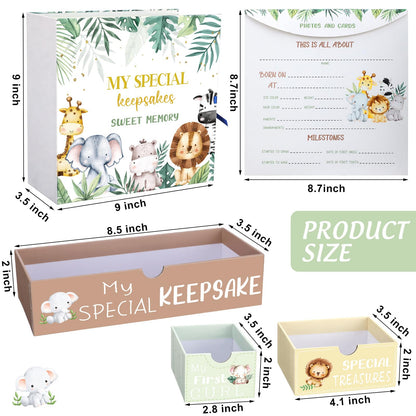 Beeveer Baby Keepsake Box Newborn Memory Organizer with 9 Labeled Compartments First Keepsake Book Gift Box for Pregnancy Mother"s Day Baby Shower New Maternity (Green,Jungle Animal)